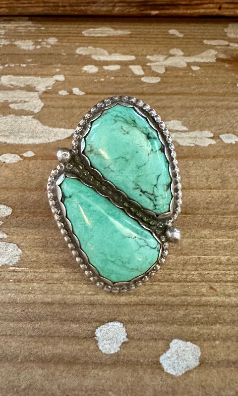 Ripple style rings-SISTER STONES Vintage Handmade Large Ring Sterling Silver, Turquoise • Size 9 1/4