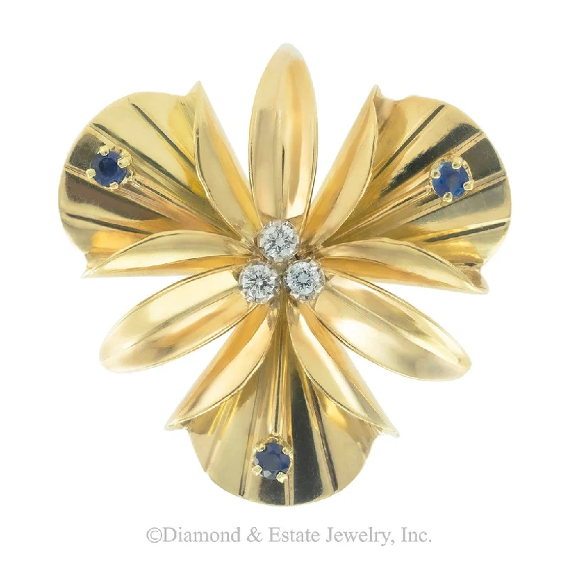 Bamboo design brooch-Tiffany & Co Diamond Sapphire Yellow Gold Orchid Brooch