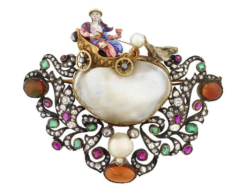 Ripple style brooch-Renaissance Revival Pearl and Enamel Brooch