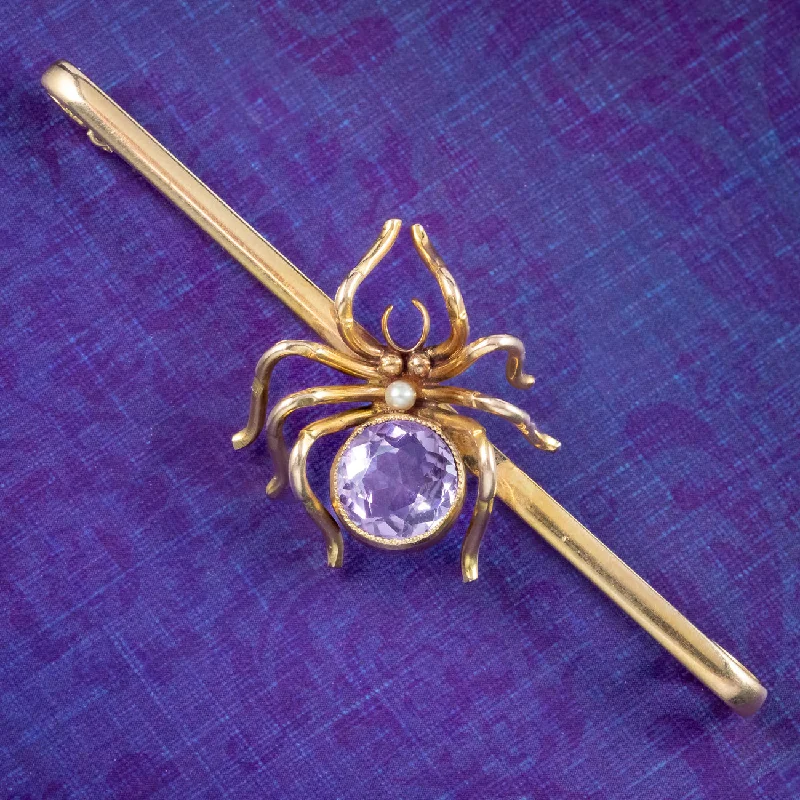 Plaited design brooch-Antique Victorian Amethyst Spider Bar Brooch 9ct Gold Circa 1900