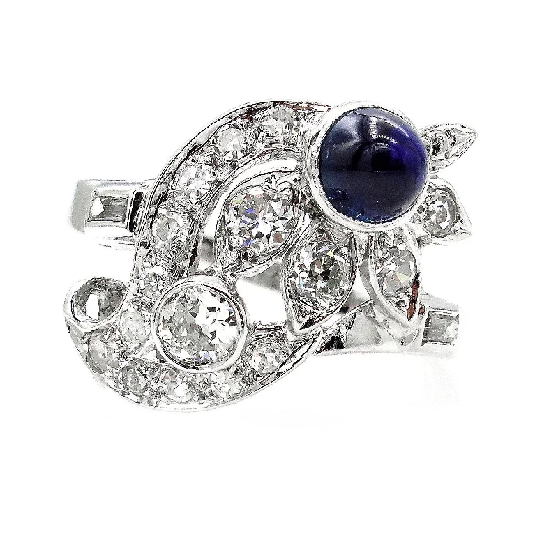 Wide band rings-Art Deco 2.50ct OLD European Diamond & Sugarloaf Sapphire 14k White Gold Ring