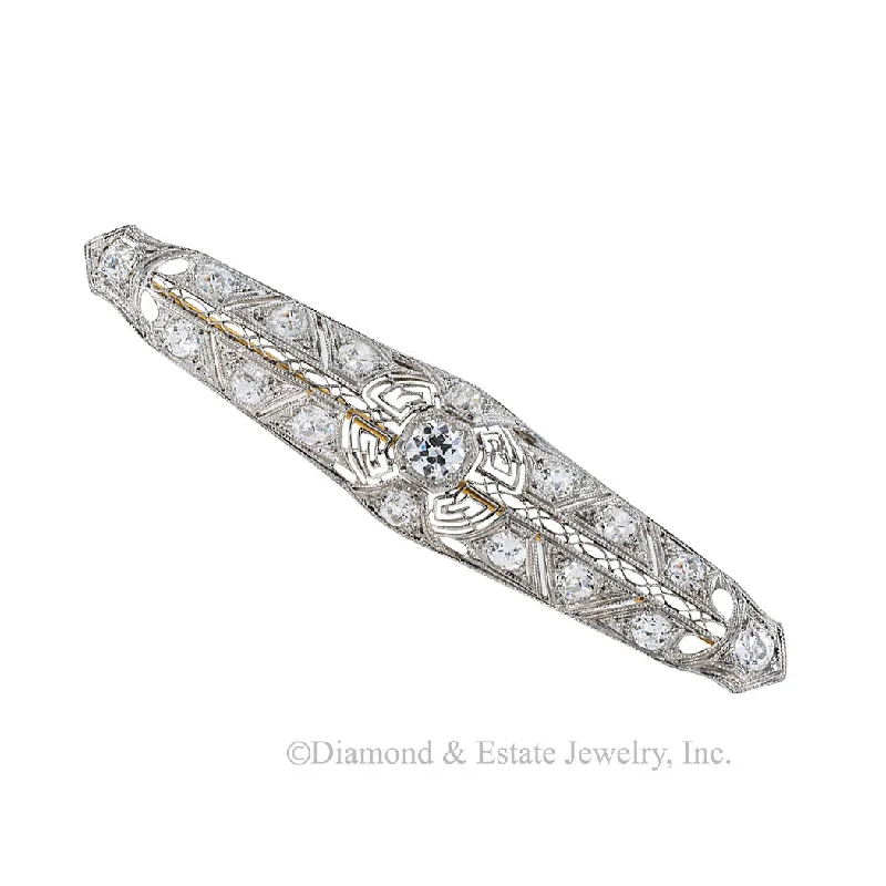 Pinch clasp brooch-Edwardian 2.25 Carats TW  Diamond Platinum Filigree Bar Brooch Circa 1910