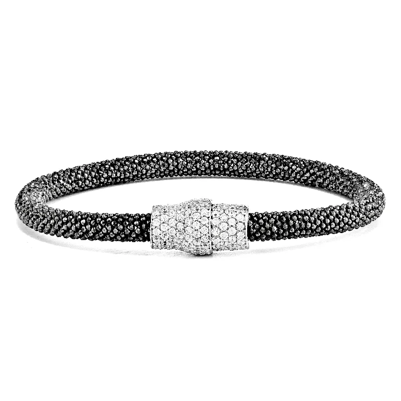 Oval shape bangles-Sterling Silver Black Rhodium Mesh 7.25 Magnetic Clasp Bracelet