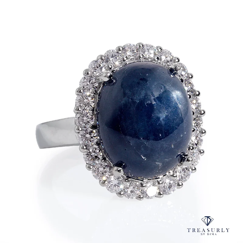 Stretch open rings-GIA 15.27ct Vintage Estate Blue Cabochon Sapphire Diamonds Cluster Dinner Ring