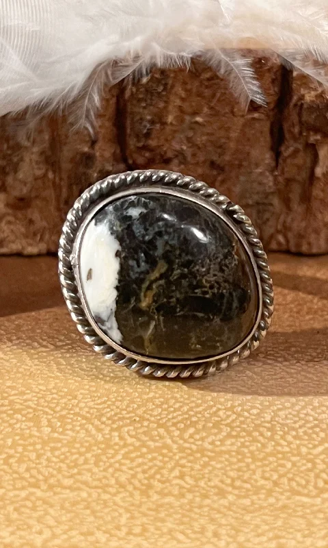 Cultured pearl rings-WHITE BUFFALO OBSCURA Turquoise Silver Statement Navajo Ring, Size 8