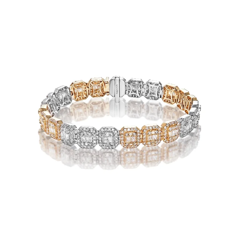 Pure link bangles-Theodore 10 Carat Combine Mix Shape Diamond Bracelet in 14k White and Yellow Gold