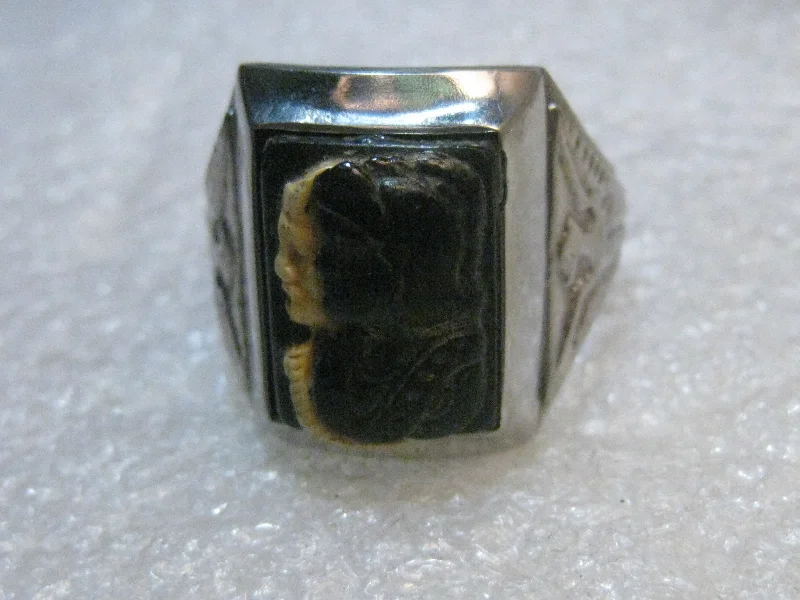 Baroque pearl rings-Vintage Men's Double Intaglio Ring, Black/White, Roman Soldiers, Phoenix accent, sz. 11.5, Stainless Steel