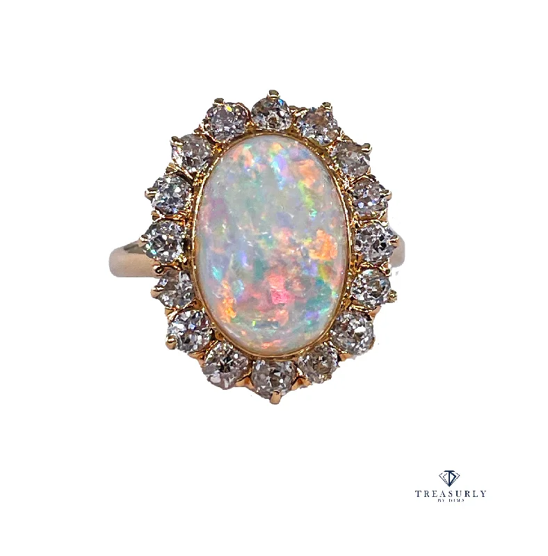 Glossy finish rings-1900s 5.82ct Authentic Antique Australian Opal and Diamond Cluster Cocktail 18K Yellow Gold Ring