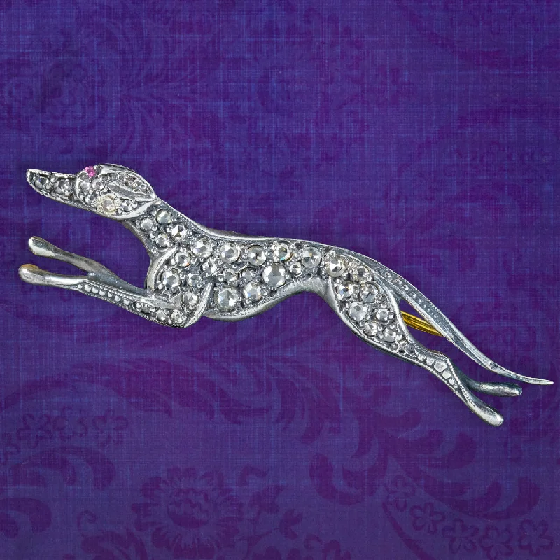 Cord edge brooch-Edwardian Style Rose Cut Diamond Greyhound Brooch Silver Gold Gilt