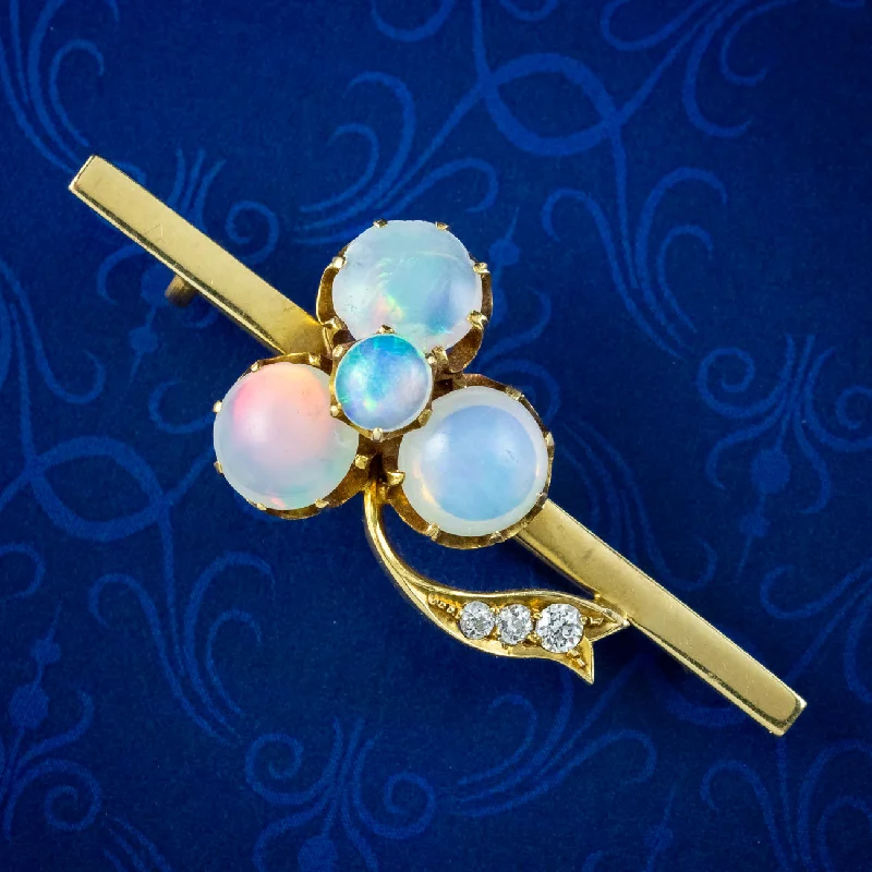 Night gothic brooch-Antique Victorian Opal Diamond Shamrock Bar Brooch 18ct Gold