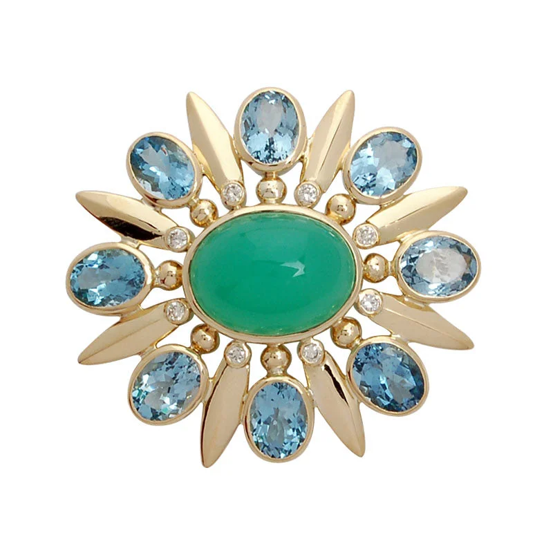 Small flower brooch-Brooch- Aquamarine, Chrysoprase And Diamond