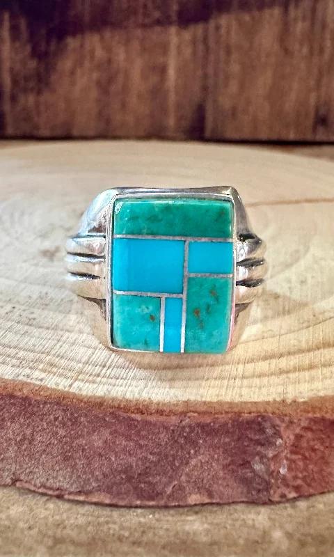 Antique vow rings-SEAFOAM CURRENTS Turquoise & Sterling Silver Geometric Inlay Mens Ring • Size 11