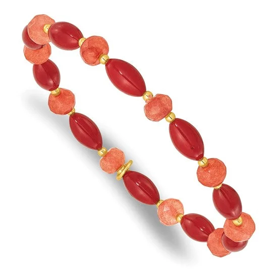 Sapphire gem bangles-Sterling Silver Gold-plated Coral and Jade Beaded Stretch Bracelet