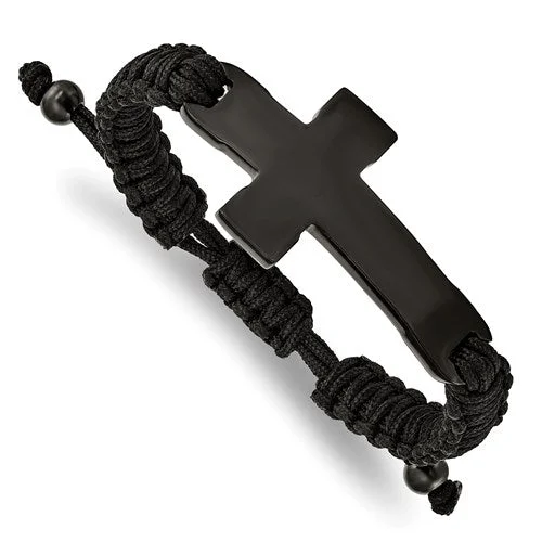 Light clay bangles-Stainless Steel Polished Black IP Black Nylon Adjustable Cross Bracelet - Engravable