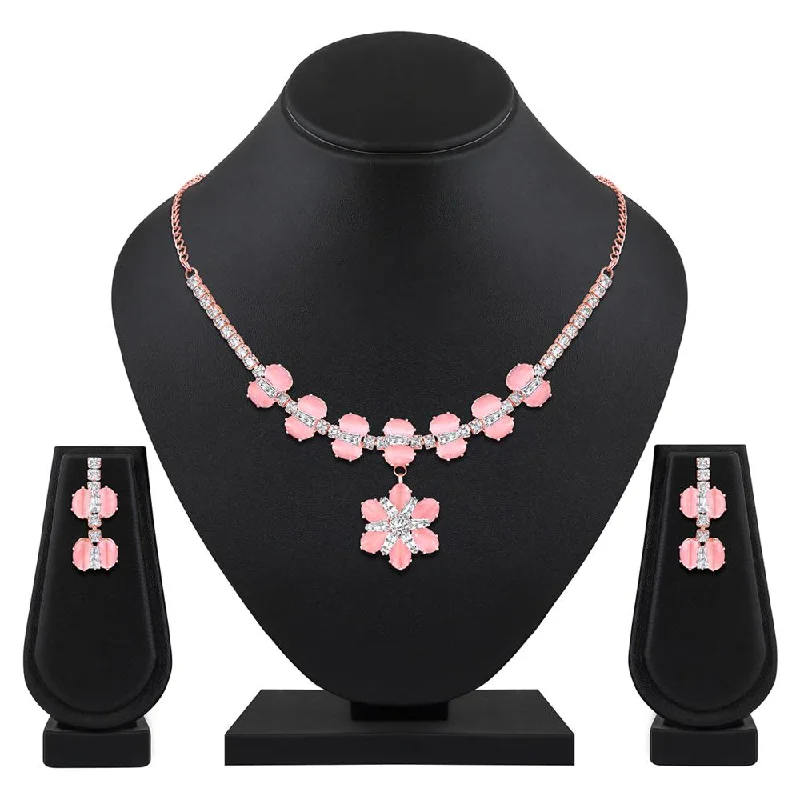 Antique silver necklaces-Mahi Rose Gold Plated Pink and White Cubic Zirconia (CZ) Floral Women's Necklace Set (NL1103816ZPin)