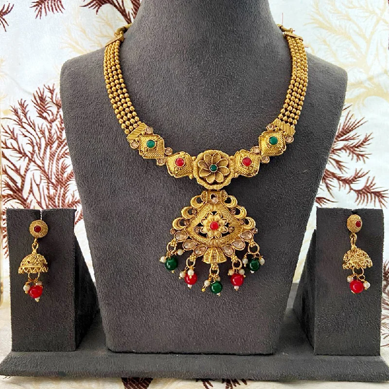 Cotton braid necklaces-India Art Gold Plated Pota Stone And Beads Necklace Set