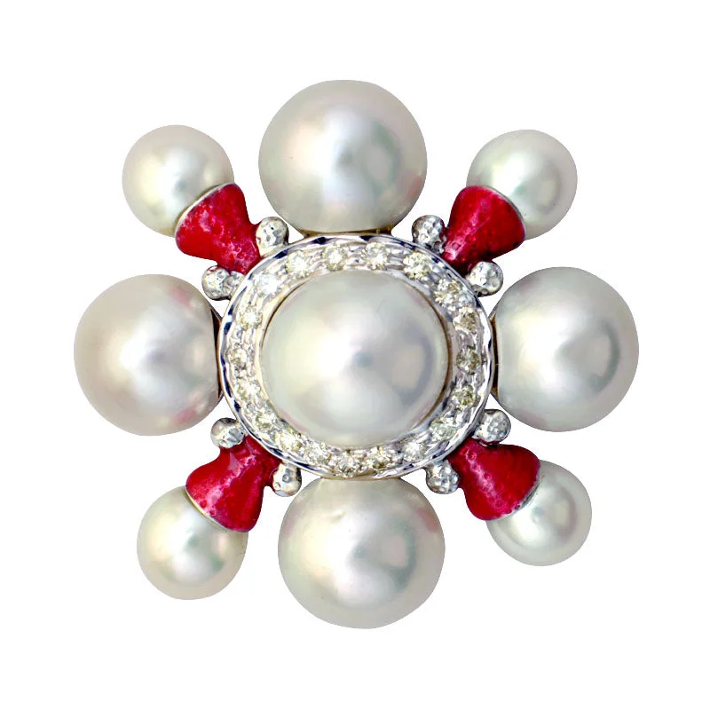 Etched motif brooch-Brooch-South Sea Pearl and Diamond (Enamel)