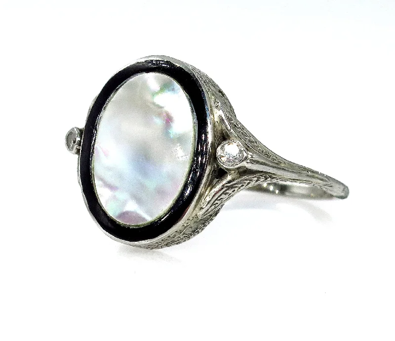 Flow style rings-Antique Vintage Art Deco Mother of Pearl & Diamond Platinum Ring