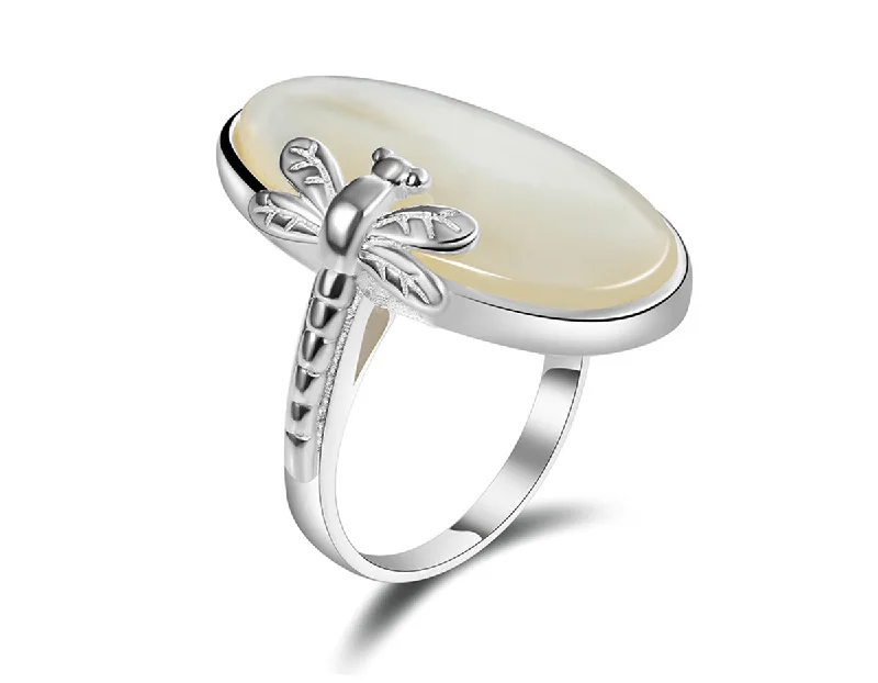 Dusk gothic rings-Oval Mother of Pearl Dragonfly Ring