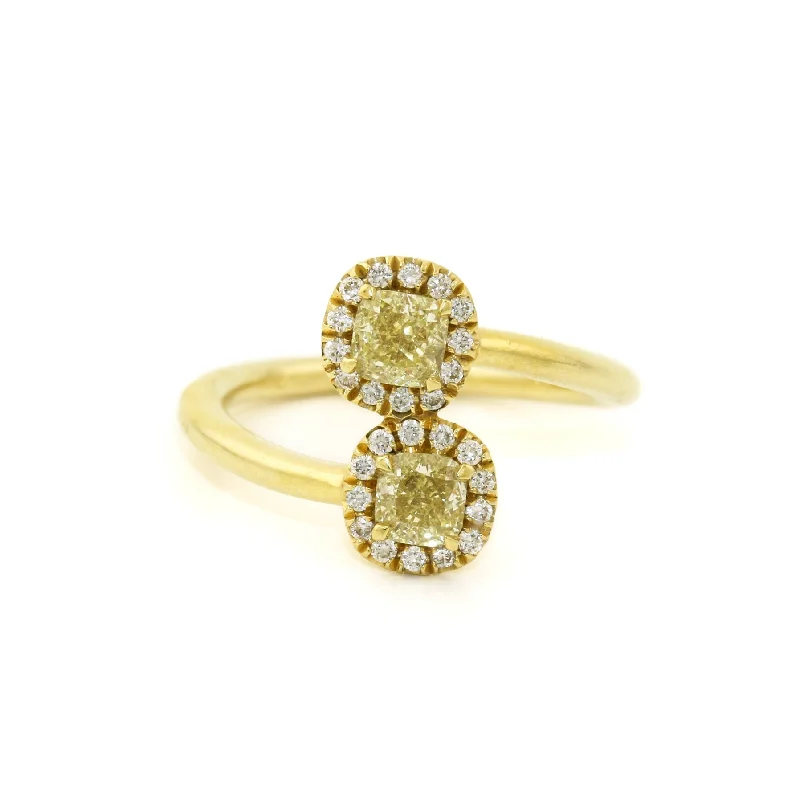 Polished bead rings-18k Gold x Twin .81ct Yellow Diamond Halo Bypass Ring