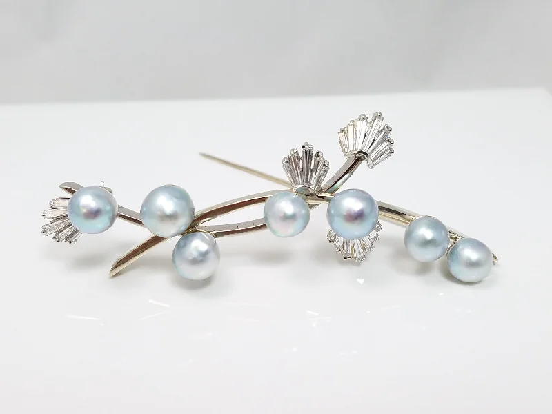 Multi-stone brooch-Large Vintage 14k White Gold Natural Diamond Cultured Pearl Brooch