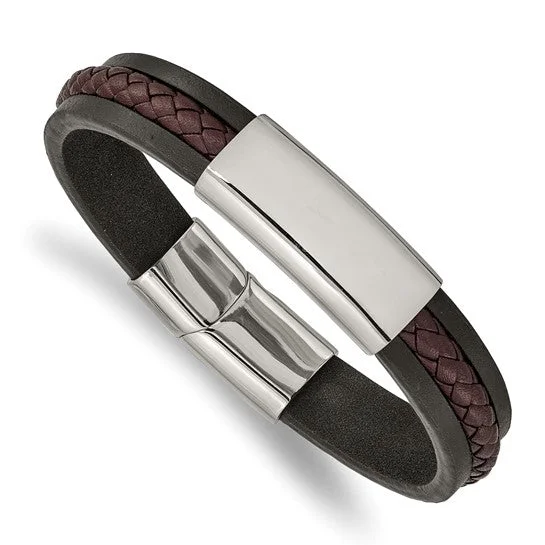 Pink gold bangles-Stainless Steel Black and Brown Braided Leather 8.25 " ID Bracelet