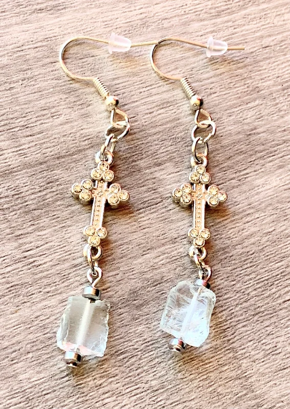 Pure gem earrings-Linore Handmade Raw Light Blue Topaz and Silver Plated Hematite Earrings with a Rhinestone Cross