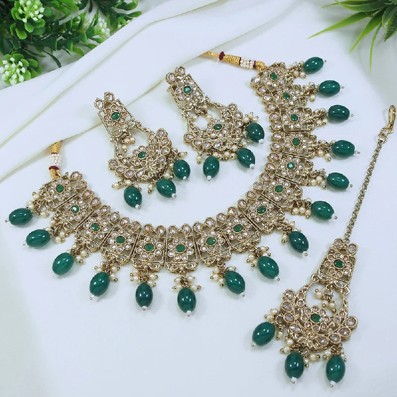 Fiber fringe necklaces-LALSO Antique Gold plated Necklace Jewelry Set With Maangtika