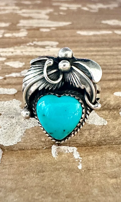 Tide shape rings-BLUE CORAZON J. Piaso Jr Sterling Silver & Turquoise Flower Heart Ring • Size 7 1/4