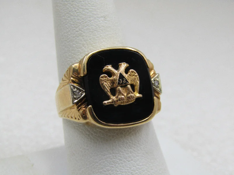 Woven cord rings-Vintage 10kt Masonic Diamond Onyx Eagle 32nd Level Ring,  signed Romany, Sz. 9