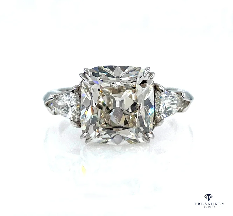 Bead cluster rings-Classic GIA 5.01ct Natural CUSHION Diamond Engagement 3 Stone Platinum Vintage Estate Ring