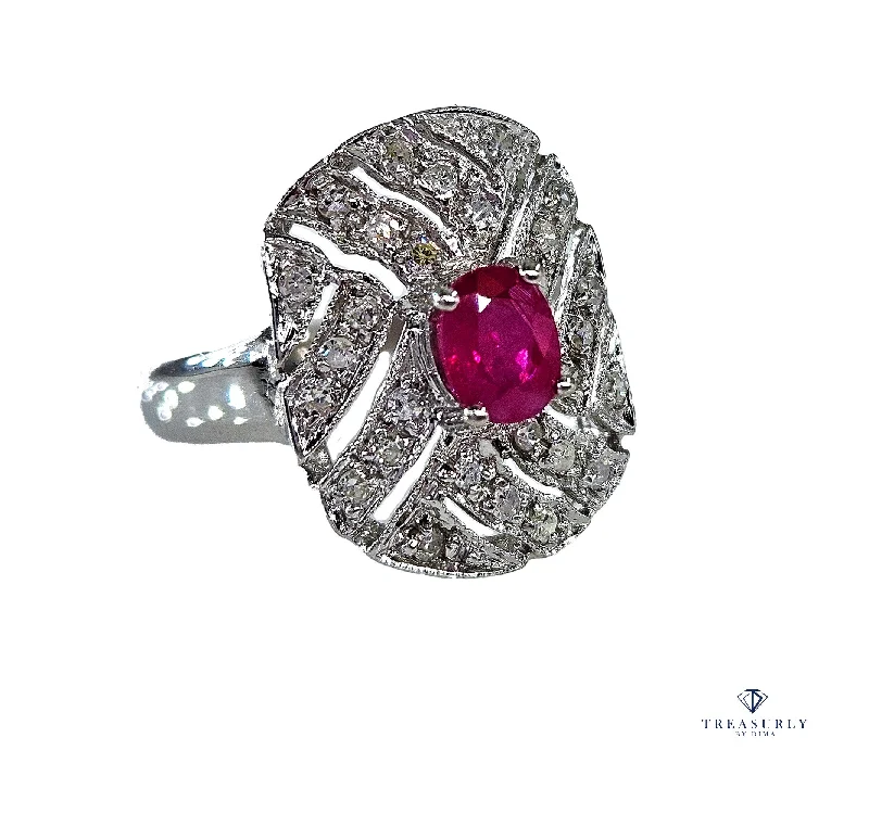 Tiny dot rings-Vintage Art Deco Style 0.75Carat Oval Ruby and Diamond 14k White Gold Ring