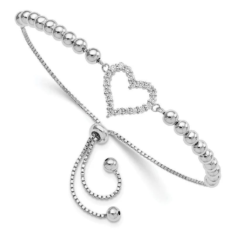 Etched design bangles-Sterling Silver Beaded CZ Heart Adjustable Bolo Bracelet