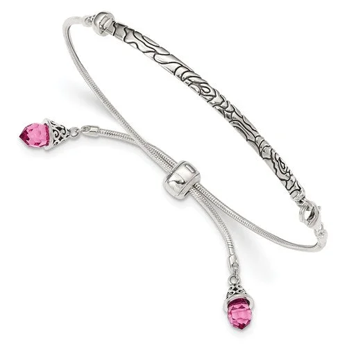 Quirky bangles-Sterling Silver Pink Crystal Tassel Adjustable Bolo Bracelet