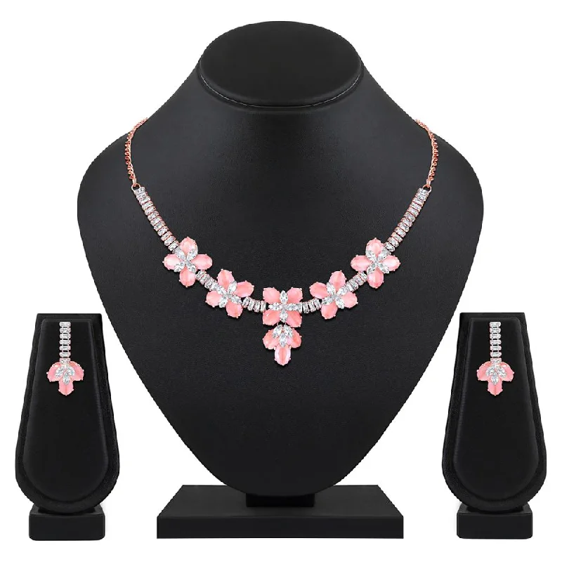 Sapphire pendant necklaces-Mahi Rose Gold Plated Pink and White Cubic Zirconia (CZ) Floral Women's Necklace Set (NL1103819ZPin)