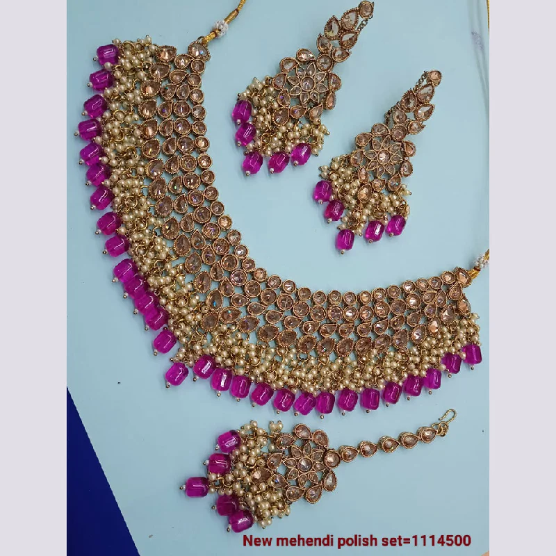 Elastic bead necklaces-Padmawati Bangles Gold Plated Crystal Stone Necklace Set