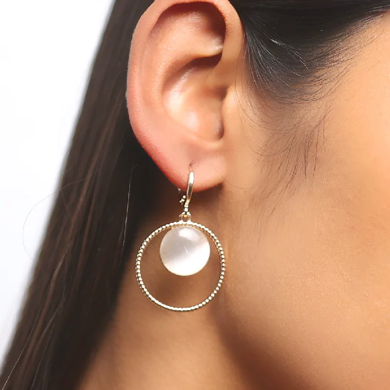 Surf design earrings-Circular White Moonstone Rose Gold-Toned Hoop Drop Earrings