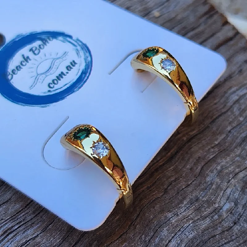 Cultured pearl earrings-GREEN CUBIC ZIRCONIA - TINY HUGGIES / GOLD HOOP WATERPROOF EARRINGS