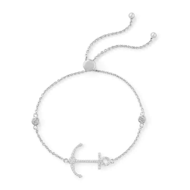 Bold gem bangles-Sterling Silver CZ Anchor Friendship Bolo Bracelet