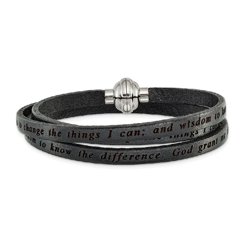 Sleek link bangles-Stainless Steel Serenity Prayer Black Leather Wrap 23.5 Inch Bracelet