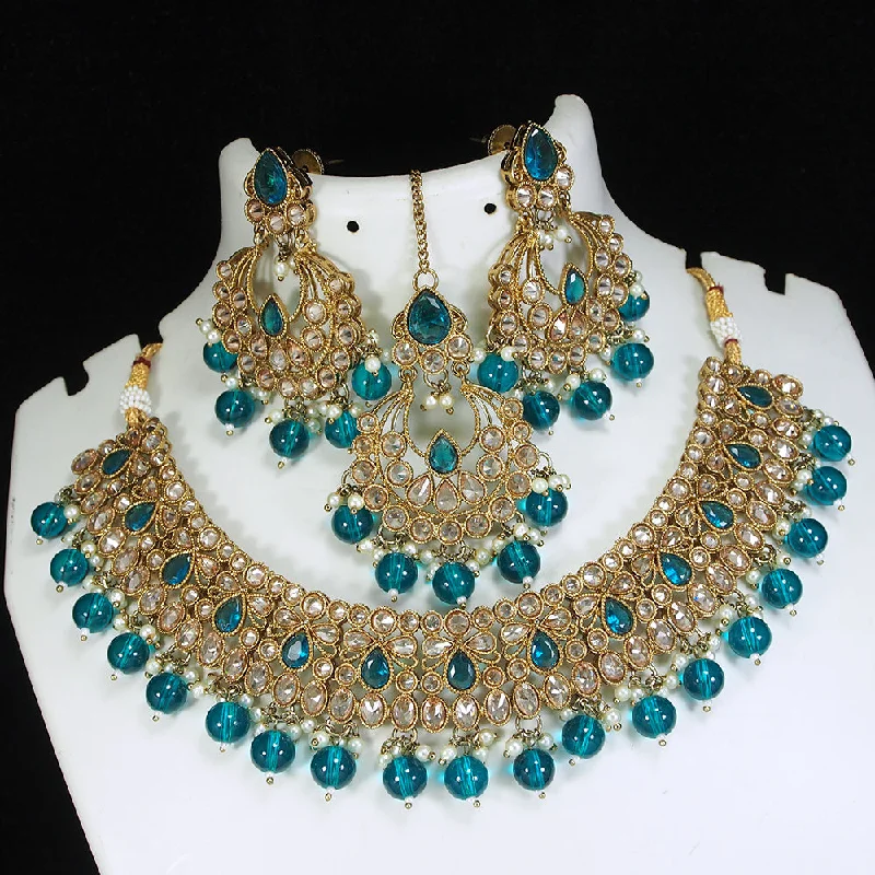 Spirit charm necklaces-LALSO Designer Mehendi Gold plated AD/Zircon Work Necklace Jewelry Set With Maangtika