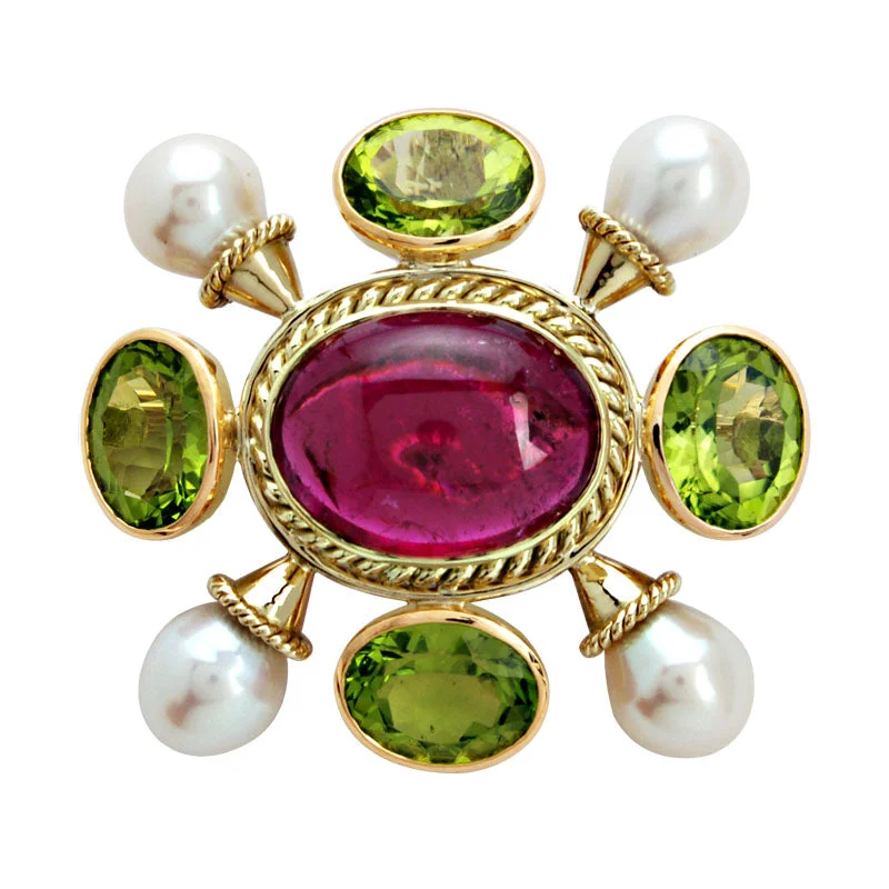 Turquoise gem brooch-Brooch- Peridot, Pearl And Rubellite