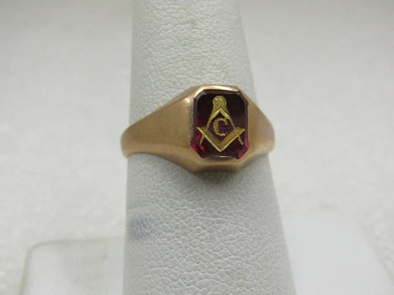 Multi-gem rings-Vintage 10kt Masonic Created Ruby Ring, Sz. 8