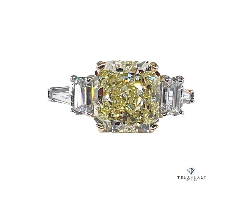 Pure charm rings-Vintage “Canary” GIA 7.11ctw Natural Fancy YELLOW Radiant Cut Diamond 5 Stone Platinum Ring