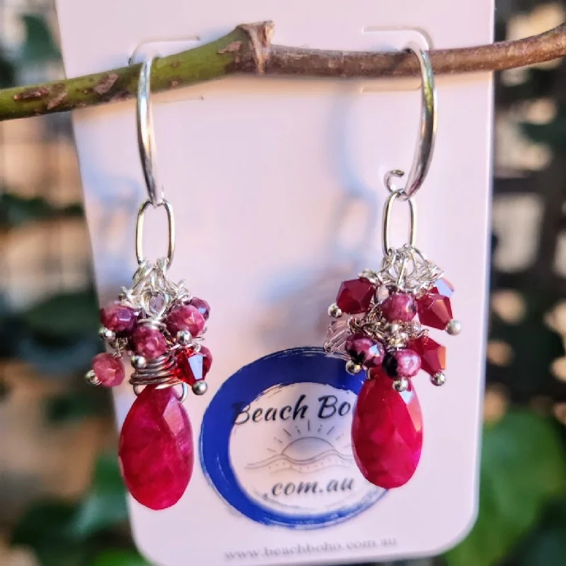 Warm wood earrings-STRAWBERRIES & CREAM - 925 RUBY & STRAWBERRY QUARTZ HOOK EARRINGS