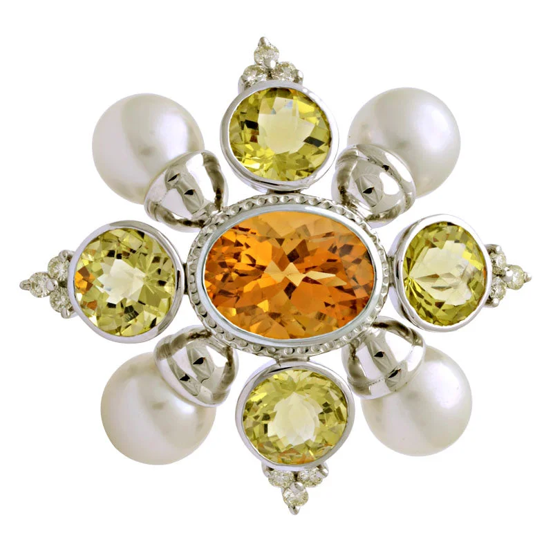 Topaz gem brooch-Brooch-Citrine, Lemon Quartz, South Sea Pearl and Diamond