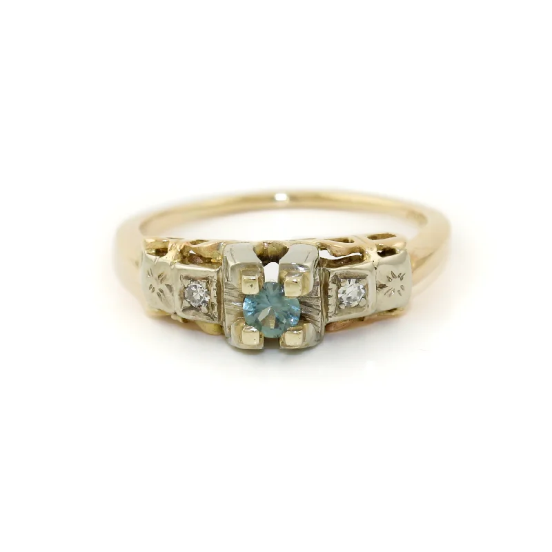 Flow style rings-14k Two Tone x Antique Blue Topaz & Diamond Art-Deco Ring