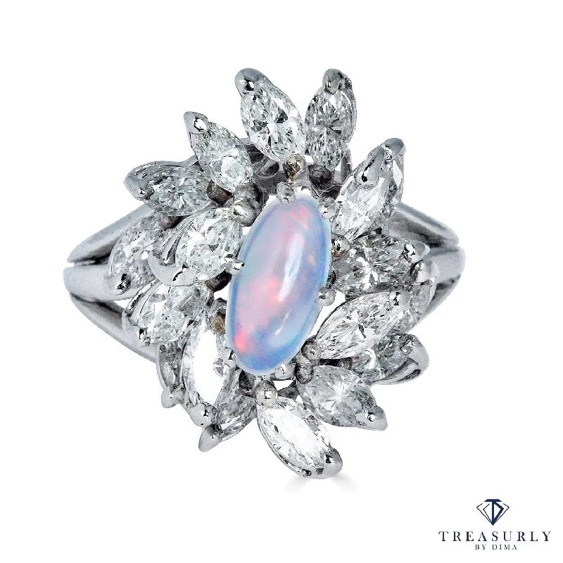 Light clay rings-Estate Vintage 3.47ct Australian Opal and Diamond Cluster Cocktail Ballerina Platinum Ring