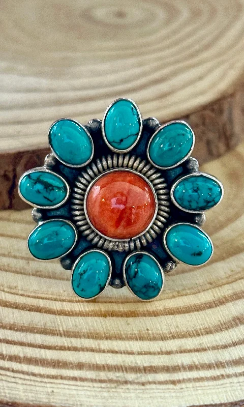 Onyx inlay rings-FLOWER POWER Navajo Spiny Oyster & Kingman Turquoise Sterling Silver Ring • Size 7