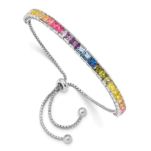 Leaf design bangles-Sterling Silver CZ 4mm Channel-Set Colorful Rainbow Adjustable Bracelet